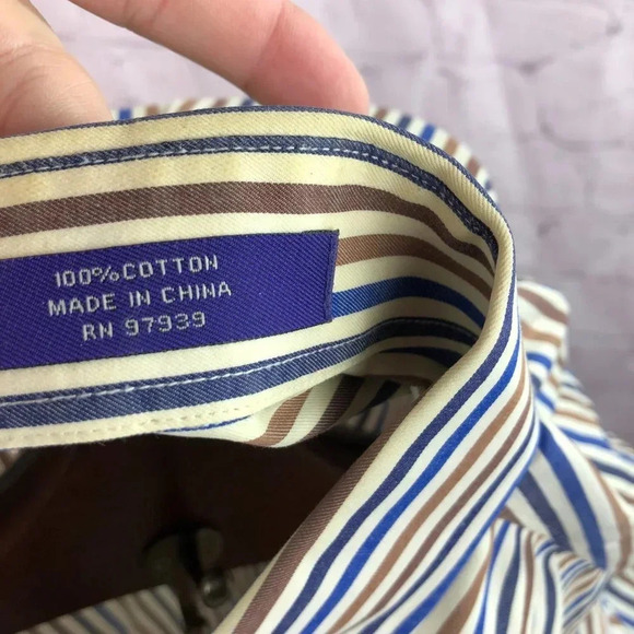 alan flusser brown stripe button down shirt size large - Picture 4 of 5